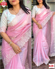 Pink Organza Fancy Saree With Embroidery Work