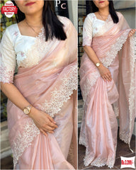 Peach Organza Fancy Saree With Embroidery Work