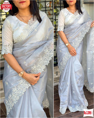 Light Blue Organza Fancy Saree With Embroidery Work