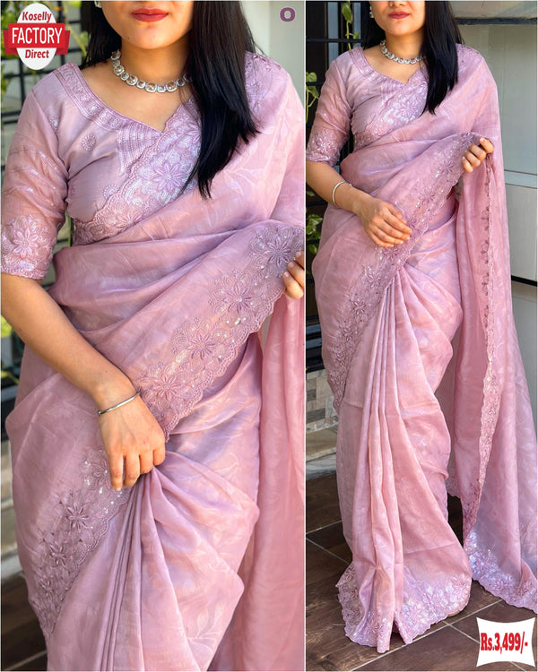 Peach Silk Fancy Saree With Embroidery Work