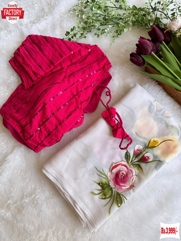 Georgette Hand Work And Hand Painted Saree With Pink Stitched Blouse