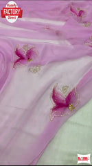 Pink Soft Georgette Hand Brush And Foil Worked Saree