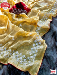 Yellow Burberry Chiffon Fancy Saree With Embroidery Work
