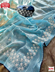 Sky Blue Burberry Chiffon Fancy Saree With Embroidery Work