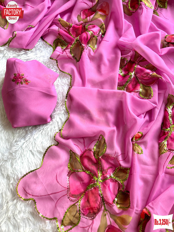 Pink Georgette Hand Sequins Worked Saree