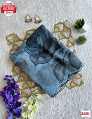 Dusty Blue Soft Organza Digital Printed Saree With Handwork