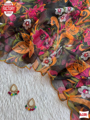 Black Soft Organza Digital Printed Saree With Handwork