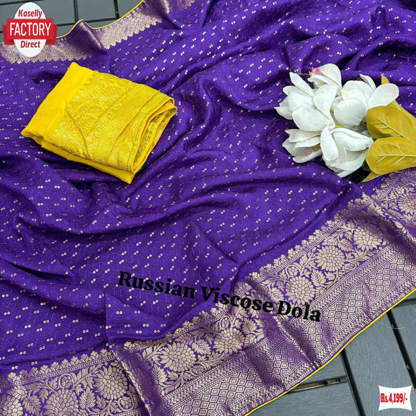Purple Russian Pure Dola Silk Banarasi Saree