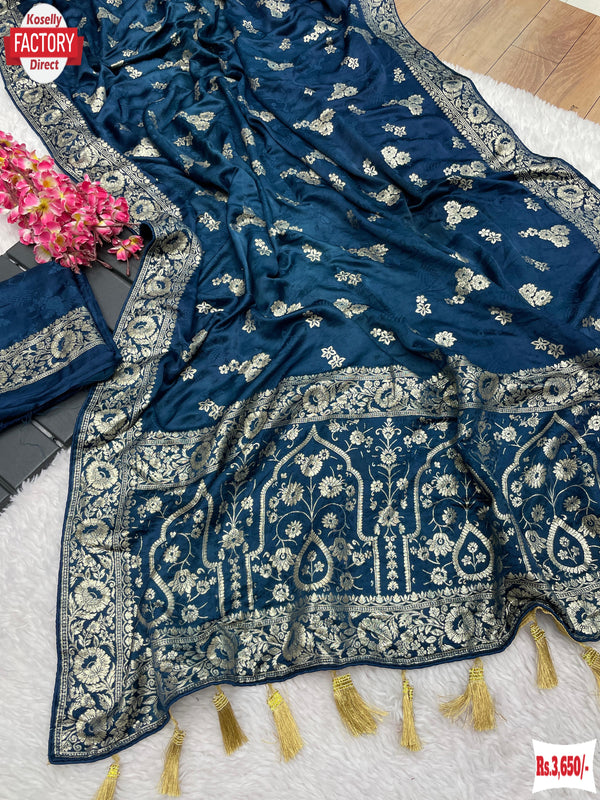 Teal Blue Satin Soft Silk Banarasi Weaving Saree
