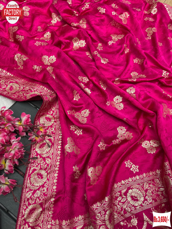 Hot Pink Satin Soft Silk Banarasi Weaving Saree