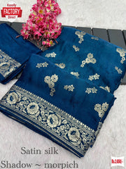 Teal Blue Satin Soft Silk Banarasi Weaving Saree