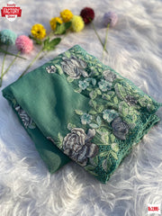 Green Crushed Pure Chiffon Saree With Kashmiri Work