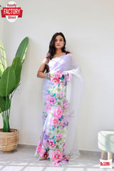 White Pure Tabby Silk Partywear Floral Embroidered Saree