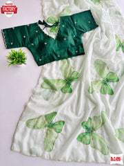 Soft Organza Butterfly Pattern Handwork Saree With Stitched Blouse