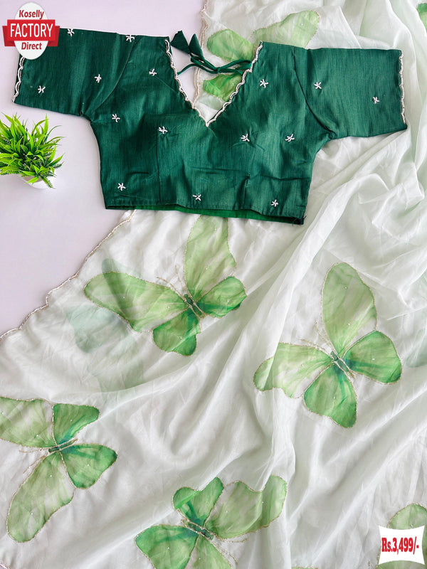 Soft Organza Butterfly Pattern Handwork Saree With Stitched Blouse