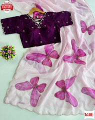 Soft Organza Butterfly Pattern Handwork Saree With Stitched Blouse