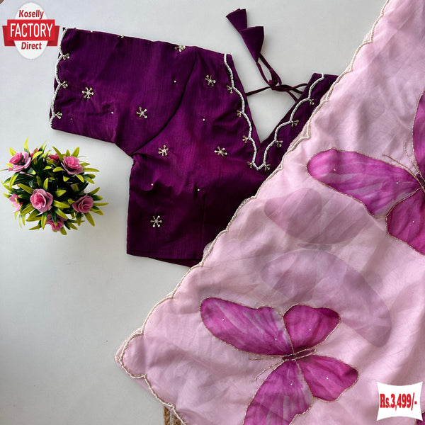Soft Organza Butterfly Pattern Handwork Saree With Stitched Blouse