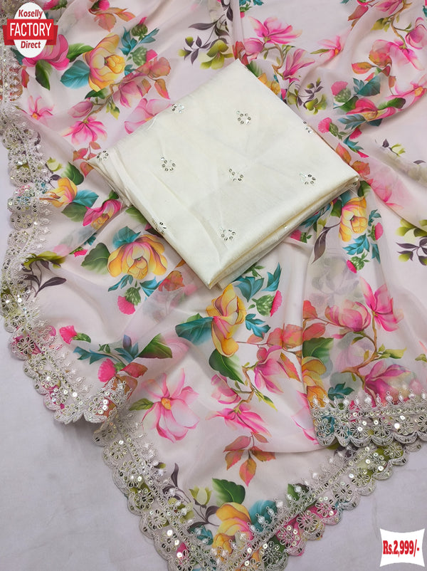 Off-white Soft Georgette Digital Printed Saree