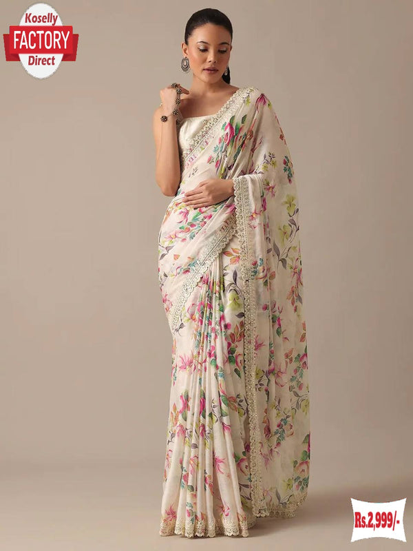 Off-white Soft Georgette Digital Printed Saree