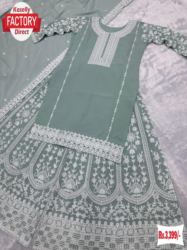 Dusty Green Faux Georgette Kurtha Palazzo Dupatta Set