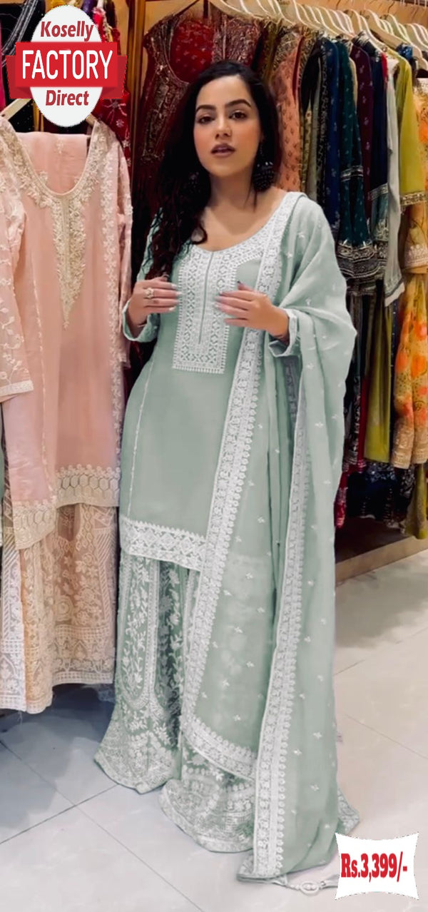 Dusty Green Faux Georgette Kurtha Palazzo Dupatta Set