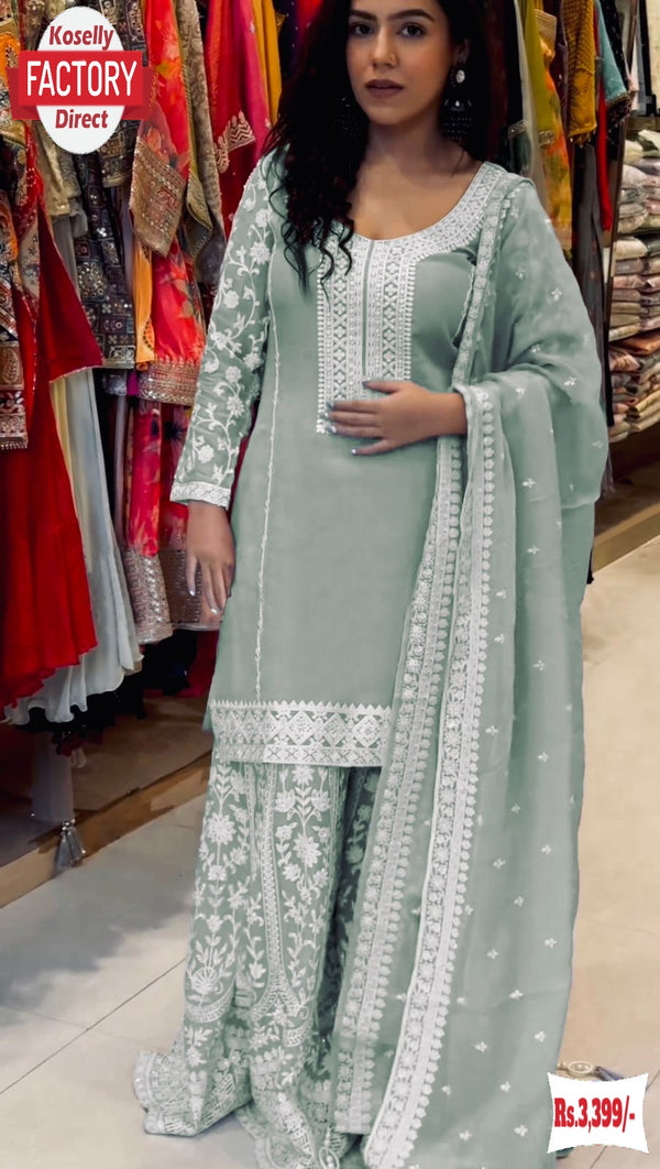 Dusty Green Faux Georgette Kurtha Palazzo Dupatta Set