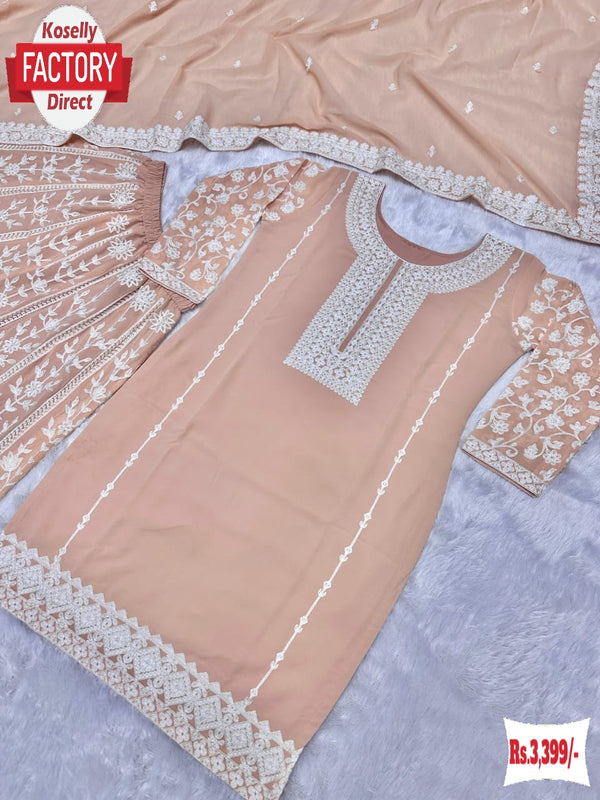 Peach Faux Georgette Kurtha Palazzo Dupatta Set