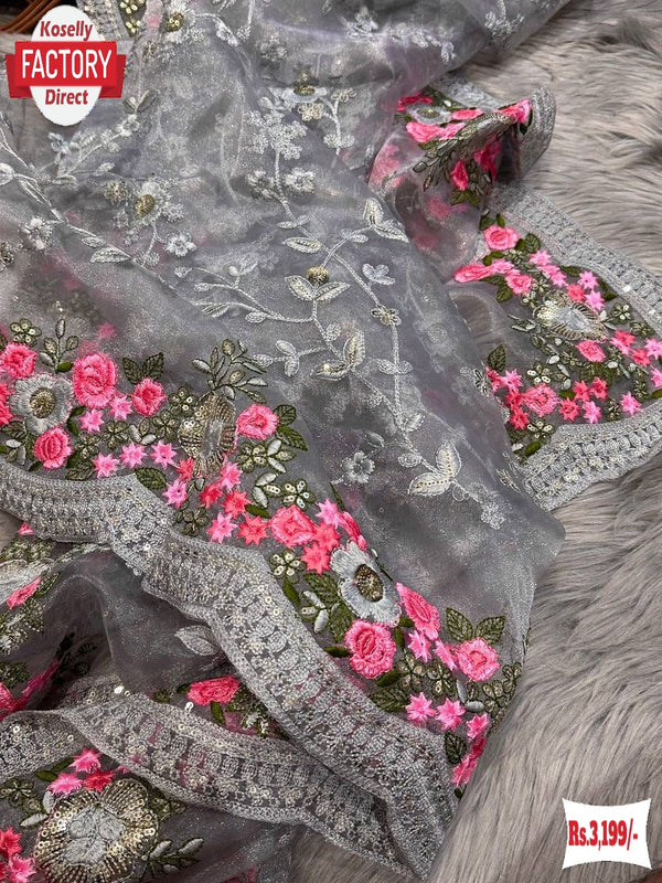 Ash Organza Silk Sequins Embroidered Partywear Saree