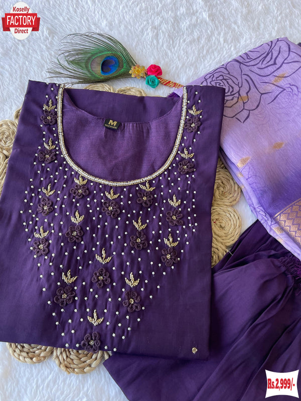 Purple Silk Hand-work Kurtha Palazzo Dupatts Set
