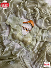 Dusty Green Jimmy Choo Silk Embroidered Partywear Saree With Readymade Blouse