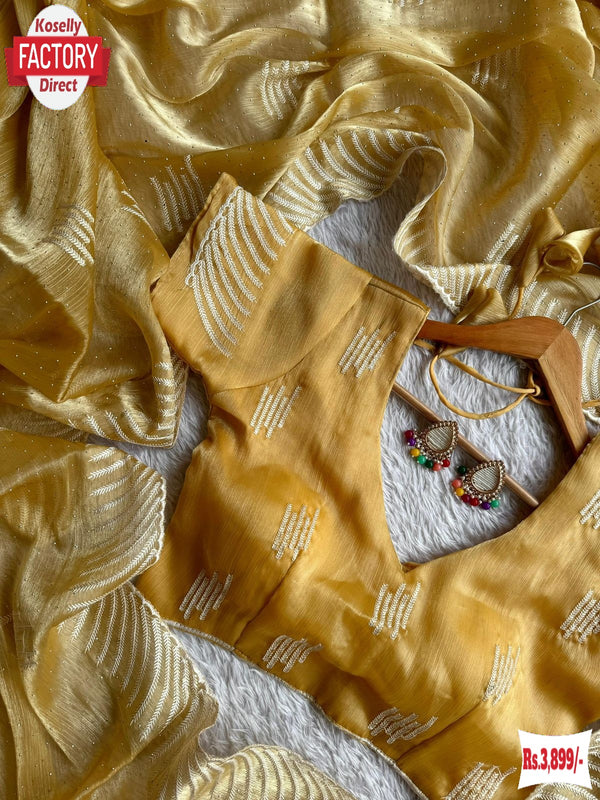 Yellow Jimmy Choo Silk Embroidered Partywear Saree With Readymade Blouse