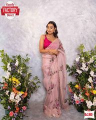 Pink Satin Organza Digital Printed Handwork Saree