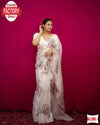 White Satin Organza Digital Printed Handwork Saree