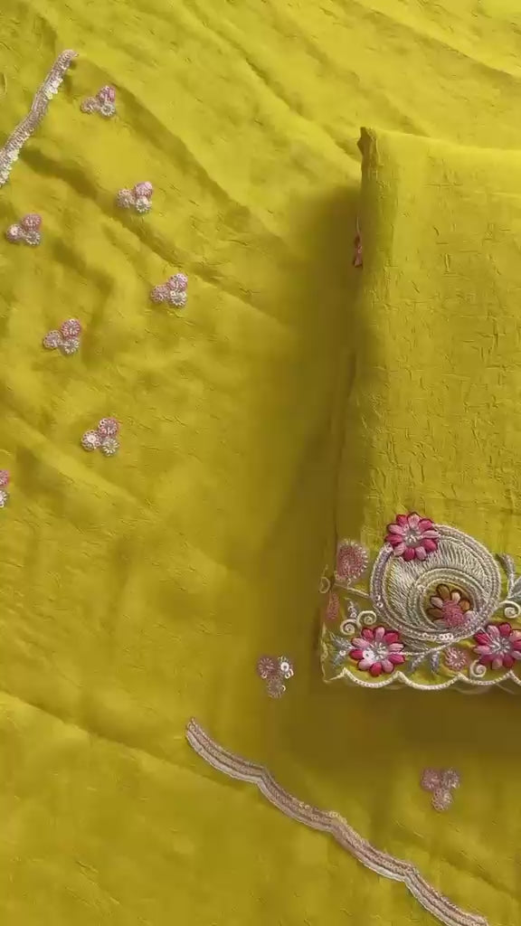 Sunshine Yellow Embroidered Crush Silk Saree
