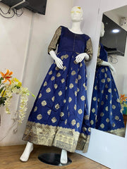 Navy Blue Banarasi Silk Gown