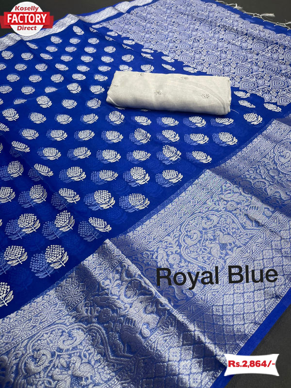 Royal Blue Nylon Organza Banarasi Saree