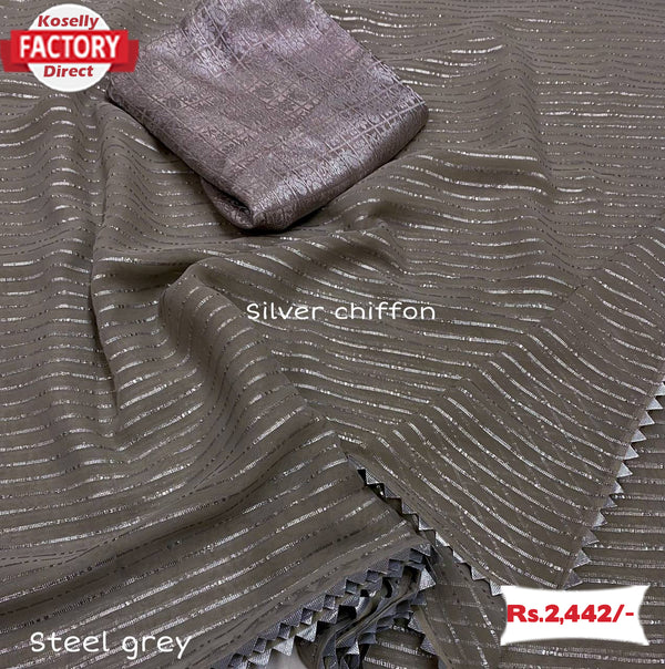Steel Grey Silver Zari Chiffon Partywear Saree