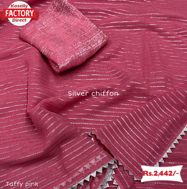 Taffy Pink Silver Zari Chiffon Partywear Saree