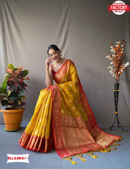 Yellow Pure Organza Banarasi Silk Saree