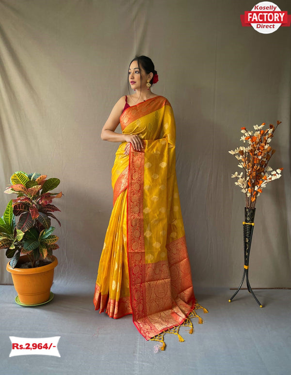 Yellow Pure Organza Banarasi Silk Saree