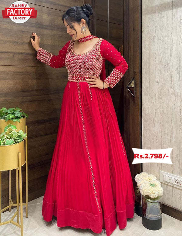 Red Embroidered Partywear Gown