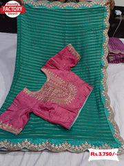 Green Pure Georgette Saree With Silver Zari Weaving