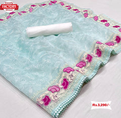 Sky Blue Pure Organza Saree With Chikankari Work