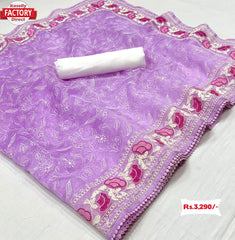 Lavender Pure Organza Saree With Chikankari Work