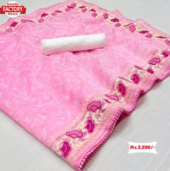 Pink Pure Organza Saree With Chikankari Work