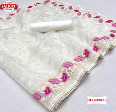 White Pure Organza Saree With Chikankari Work