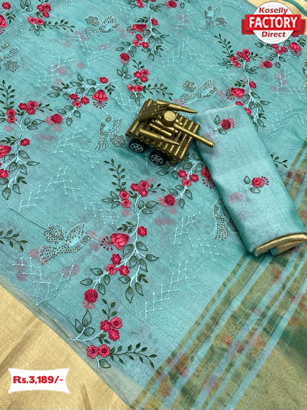 Soft Cotton Organza Saree With Embroidery