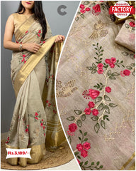 Soft Cotton Organza Saree With Embroidery