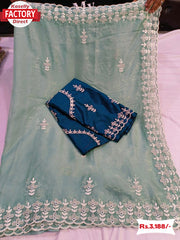 Light Blue Pure Organza Matte Sequins Saree