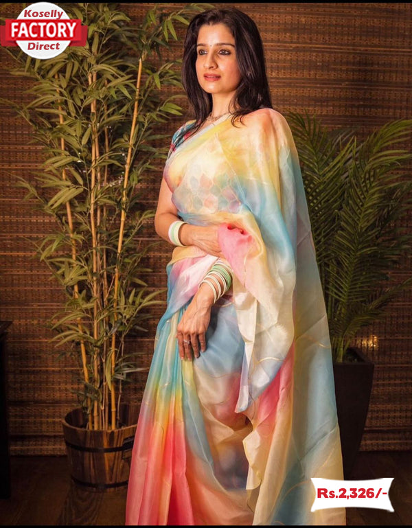 Multi-colour Pastel Organza Saree With Foil Work